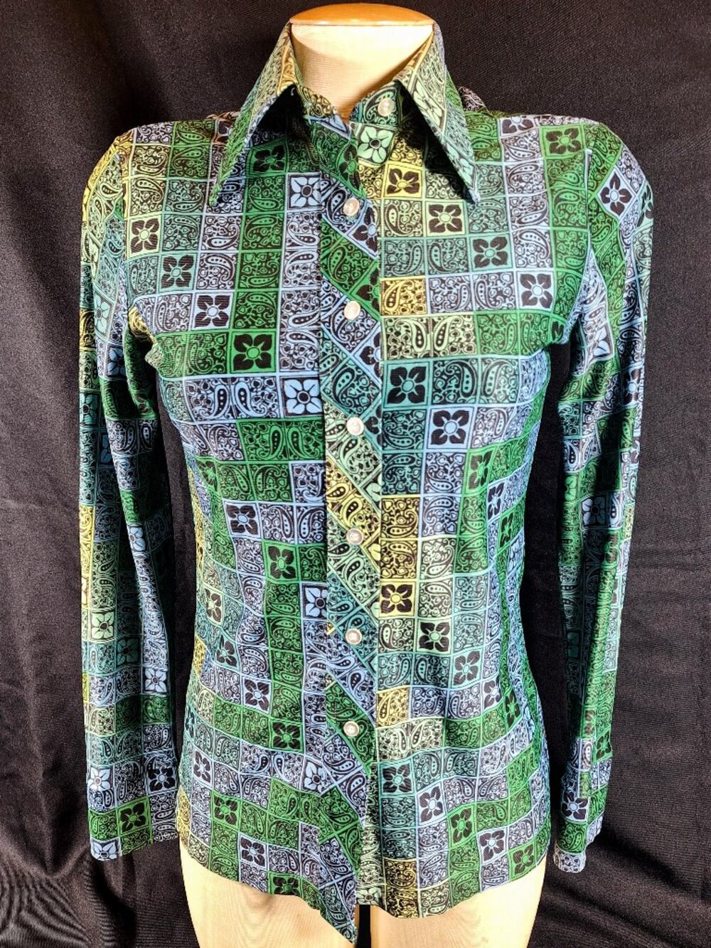 Vintage 70s Elles Belles Button Long Sleeve Poly Blouse 11/12 Paisley Groovy